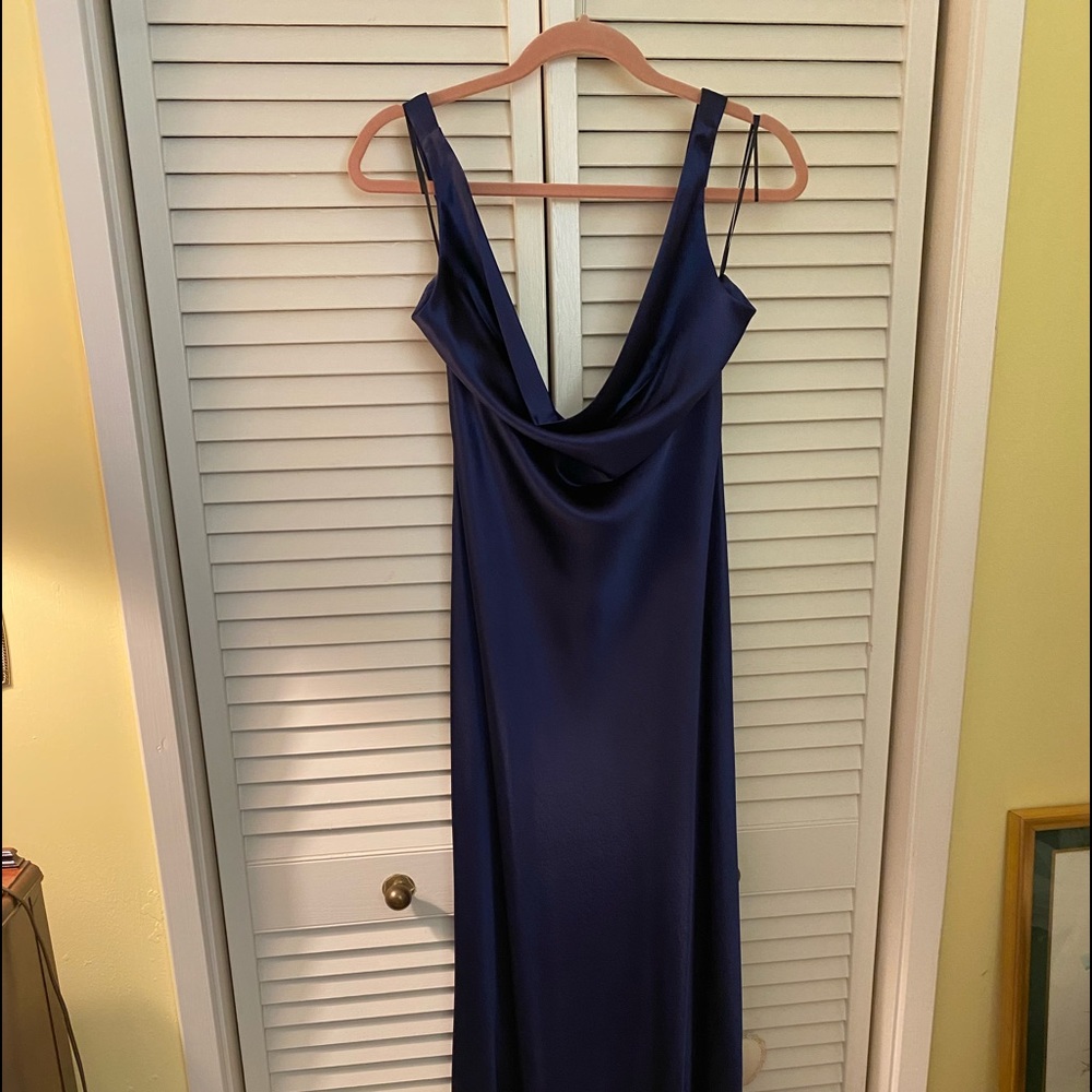 Blue satin draped, low back dress